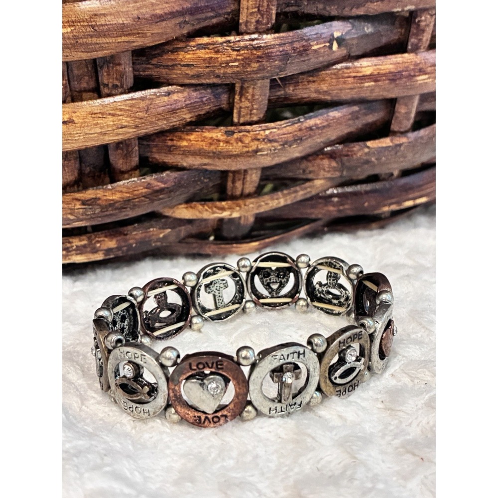 Faith Hope Love Stretch Bracelet Cross Heart Rhinestone Two Tone Inspirational